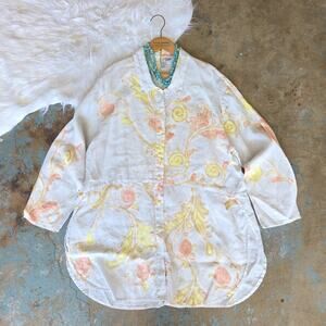 Winter Sun 100% Linen Tunic Top Size M Collared Button Up Floral Lagenlook